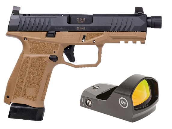 AREX DELTA X TACTICAL 9MM  1X17RD MAG 1X 17+2 MAG  12 X 28IN THREADED BARREL  SERIALIZED TRIGGER ASSEMBLY  INTERCHANGEABLE FRAME AND BACKSTRAPS  SUPPRESSOR HEIGHT SIGHTS  5X OPTICS PLATES  FDE  WITH CRIMSON TRACE RED DOT - Taurus Savings